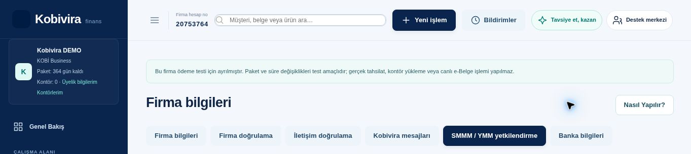 Firma bilgileri ekranı · menü ve bölüm seçimi