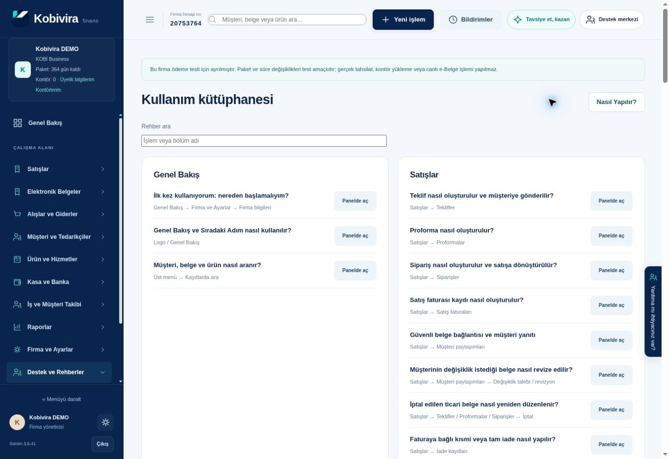 Kullanım kütüphanesi ekranı