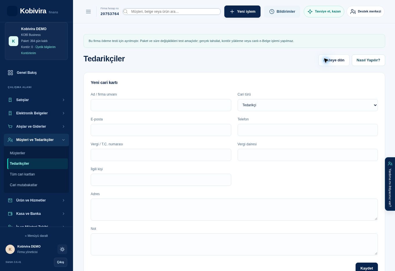 Tedarikçiler · yeni kayıt alanları
