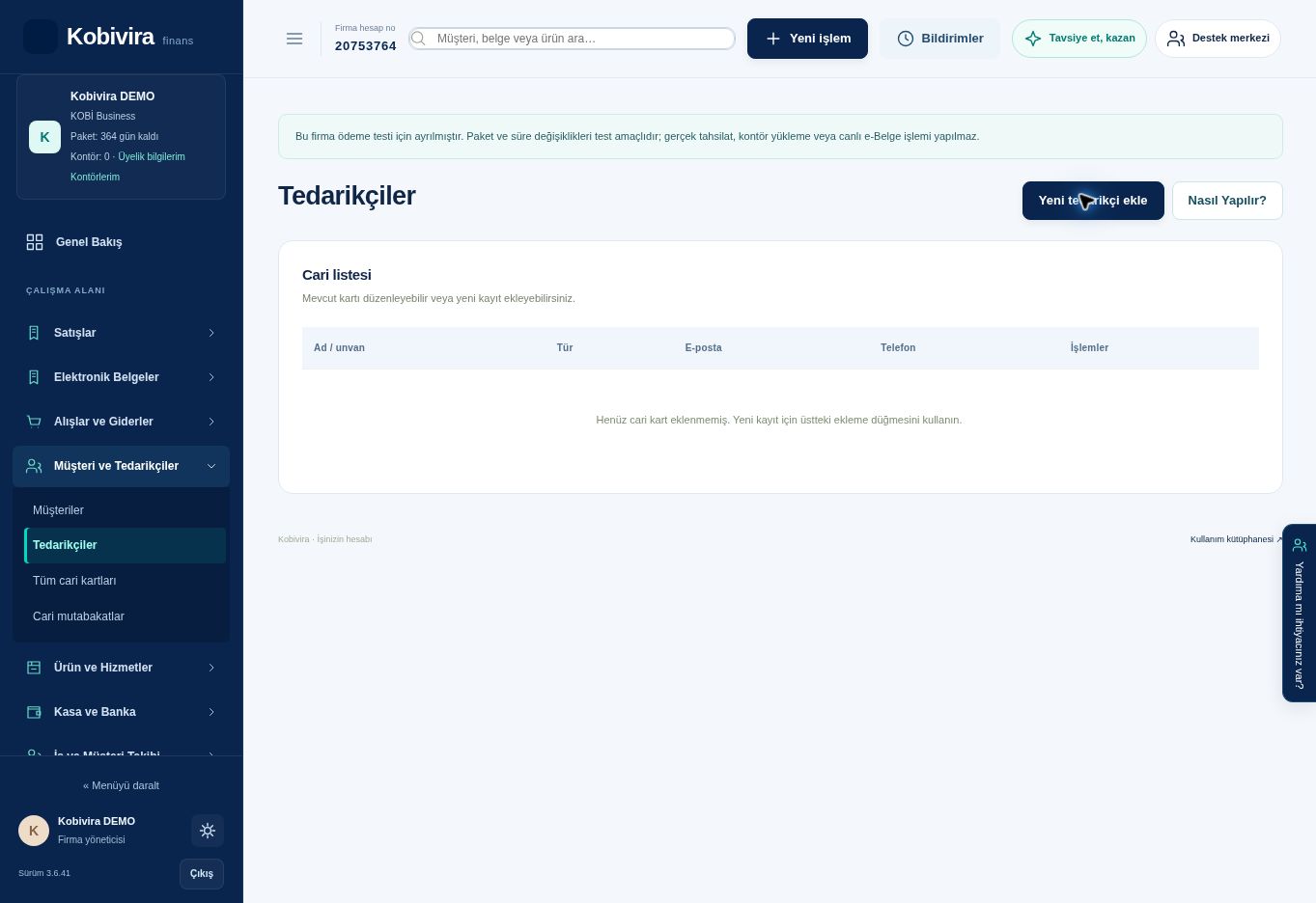 Tedarikçiler ekranı