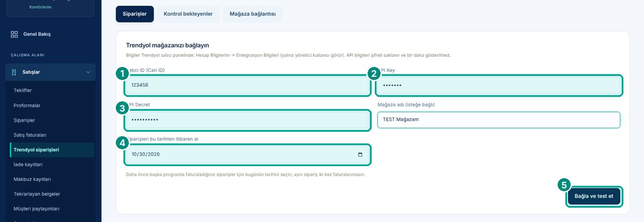 Satıcı ID, API Key, API Secret, başlangıç tarihi ve Bağla ve test et düğmesi