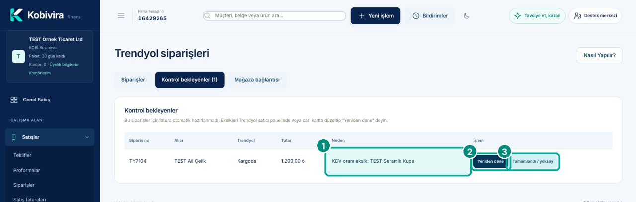 Kontrol bekleyenler: neden, Yeniden dene ve Tamamlandı / yoksay